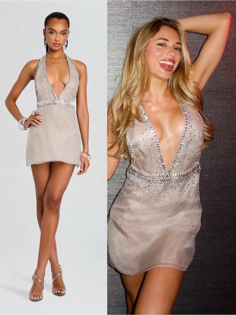 Retrofete Courtnee Embellished Sheer Halter Mini Dress Silver Cloud NEW with tag